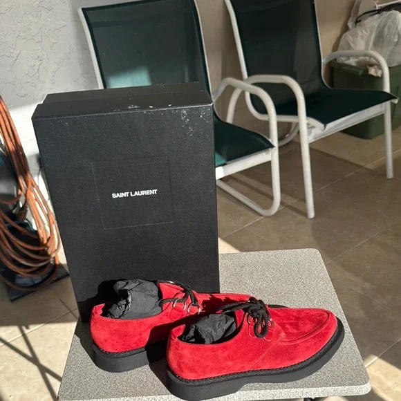 Saint Laurent Men\'s Vibrant Red Suede Oxfords Saint Laurent Patent Calfskin Mens Smoking 15 Derby Lace Up  main image 4